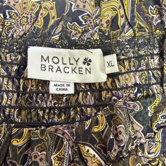 Molly Bracken Multicolor Brown Paisley Ruffle Puff Sleeve Blouse, Stretchy NWOT - Picture 4 of 7